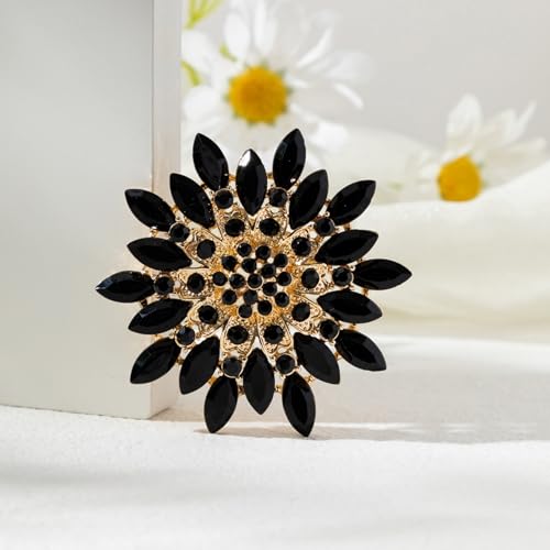 Rhinestone Flower Brooch Pin for Women Fashion Sparkling Crystal Sunflower Floral Brooch Floral Lapel Pins Fashion Wedding Jewelry Gifts - color: Black