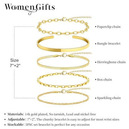 Dainty Gold Bracelet for Women Trendy Non Tarnish, Thin Bracelets Stackable Set with Bangle Cuff, Box, Herringbone, Paperclip, Figaro, Sparkling Link Chains Waterproof, Simple Jewelry Gifts for Women - color: style 02-gold