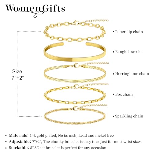 Dainty Gold Bracelet for Women Trendy Non Tarnish, Thin Bracelets Stackable Set with Bangle Cuff, Box, Herringbone, Paperclip, Figaro, Sparkling Link Chains Waterproof, Simple Jewelry Gifts for Women - color: style 02-gold