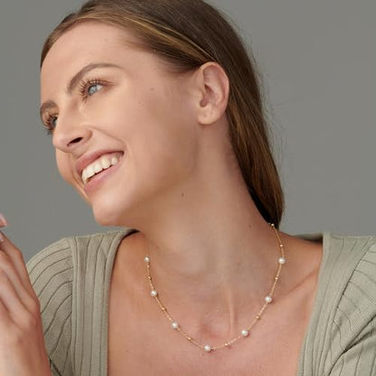 Pearl Necklace for Women- 14K Gold-plated/White Gold-plated Dainty Pearl Necklace for Women - color: Bead pearl station