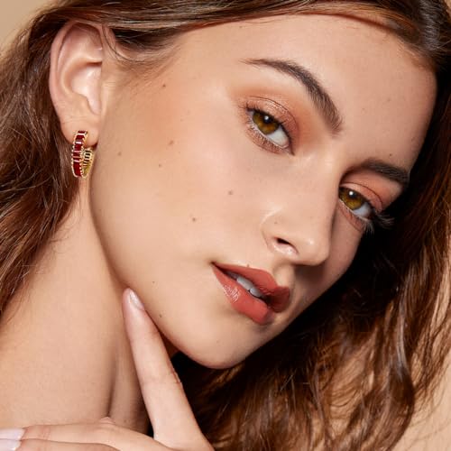 Trendy 14K Gold Plated Hoop Earrings for Women, Chunky Gold/Silver Earrings for Women Cubic Zirconia Baguette Hoop Earrings Heart Hoops Lightweight Hypoallergenic Jewelry,25mm/35mm/40mm/50mm - color: 01 Gold Garnet Hoops 25mm