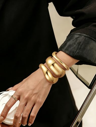 Chunky Gold Bangle Bracelets for Women – 14k Gold Plated | Cuff Bangles, Stackable Bracelet Set, Wide Trendy Fashion, Jewelry Gift - color: 02-Gold-3pcs