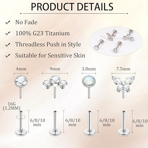 NICEIGHT 4Pcs 16G G23 Titanium Threadless Push in Labret Monroe Studs Lip Rings Hypoallergenic Cartilage Stud Earrings for Sensitive Ear Flat Back Stud Helix Tragus Conch Piercing Jewelry 6/8/10MM - color: Silver, size: 8MM