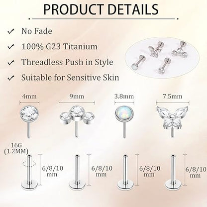 NICEIGHT 4Pcs 16G G23 Titanium Threadless Push in Labret Monroe Studs Lip Rings Hypoallergenic Cartilage Stud Earrings for Sensitive Ear Flat Back Stud Helix Tragus Conch Piercing Jewelry 6/8/10MM - color: Silver, size: 8MM