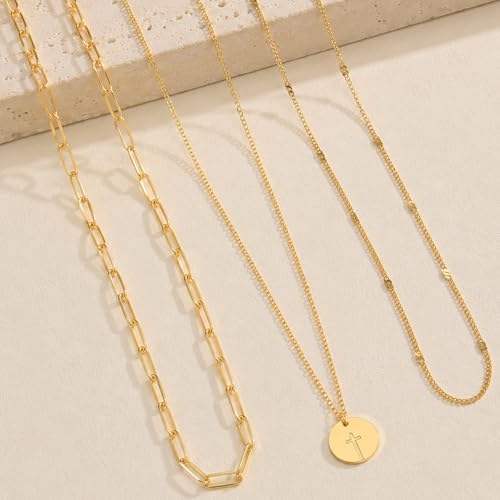 Glowave 14K Gold Plated Layered Stack Chunky Coin Cross Necklace for Women