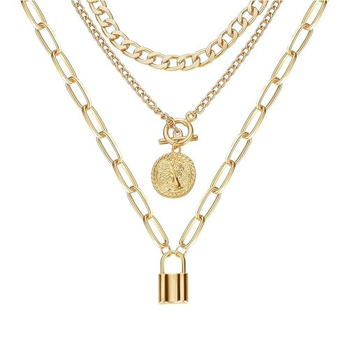 QCWN Gold Layered stacked Necklaces for women 3PS Chunky Statement Necklaces Stack Mixed Metal Charm Necklace for Women Trendy Coin Jewelry Gift for Her Gifts - style: Layered stack 8