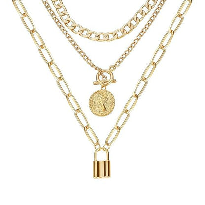 QCWN Gold Layered stacked Necklaces for women 3PS Chunky Statement Necklaces Stack Mixed Metal Charm Necklace for Women Trendy Coin Jewelry Gift for Her Gifts - style: Layered stack 8