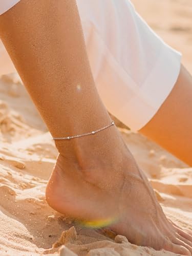 FindChic Stainless Steel Ankle Bracelets for Women, Waterproof Figaro/Cuban/Box/Beaded Chain Anklets, Summer Beach Foot Jewelry, 8.5''-10.5'' Adjustable Length, with Gift Box - style: Ideal Beaded Chain-Silver