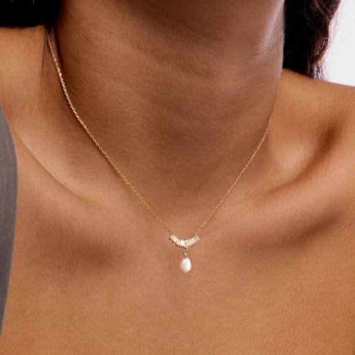 Pearl Necklaces for Women Trendy,Dainty Pearl Pendant Necklace | 14k Gold Plated Elegant Pearl Necklace,Simple Pearl Pendant,Dainty Gold Jewelry,Waterproof Summer Bridal Wedding Accessories - color: GOLD-5