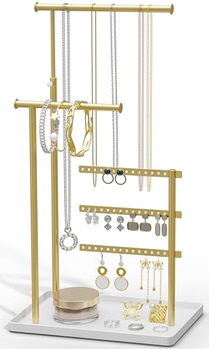 susswiff Jewelry Holder Organizer Stand - Adjustable Tall 17.5" (Max), Sturdy Jewelry Hanger for Necklaces, Earrings, Bracelets, Rings, Jewlery Display and Storage, Gold and White, Metal - color: Gold