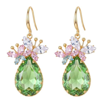 Green Butterfly Crystal Teardrop Dangle Earrings For Women | Gold Plated Brass Statement Accessories For Prom And Party Wear. Secure Hooks And Durable Crystals For Long Lasting Sparkle.