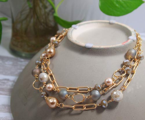 Multi Strand layered Frosted Multi Layer Mother of Pearl Statement Chunky Pastel Pearl Necklace June Birthday Gift - style: gold-filled