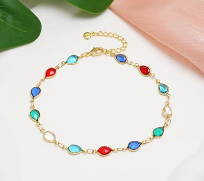 18K Gold Plated Anklet for Women Multicolor Crystal Ankle Bracelets Boho Adjustable Chain Anklets - color: Waterdrop