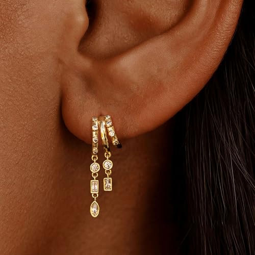 Dangle Earrings for Women,14k Gold Plated Triple Huggie Stud Earrings Cute Statement Chain Earring Dainty Drop Earrings for Women Trendy Gold Plated Jewelry - color: dangle4-Gold