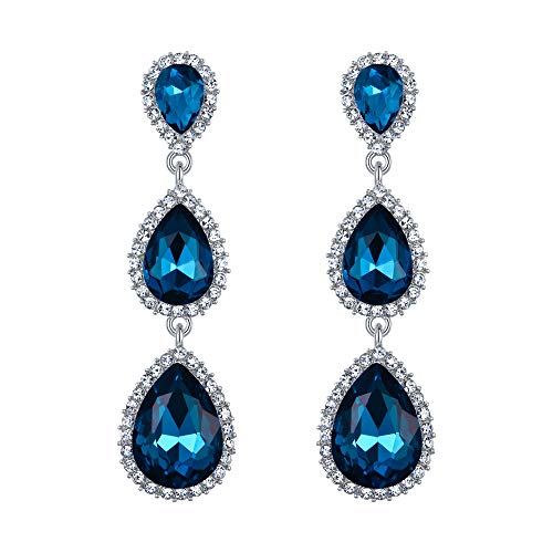 EleQueen Women's Crystal Teardrop Pear Shape 2.5 Inch Long Earrings | Dangle Earrings for Women, TearDrop Crystals Earrings for Bride Bridesmaid, Prom Jewelry for Wedding - color: 09-Blue