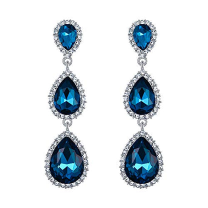 EleQueen Women's Crystal Teardrop Pear Shape 2.5 Inch Long Earrings | Dangle Earrings for Women, TearDrop Crystals Earrings for Bride Bridesmaid, Prom Jewelry for Wedding - color: 09-Blue