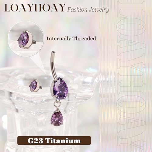 14G G23 Pure Titanium Dangle Belly Button Ring for Women Dangling CZ Navel Ring Teardrop Curved Barbell Belly Rings Internally Threaded Belly Piercing Jewelry - color: Purple
