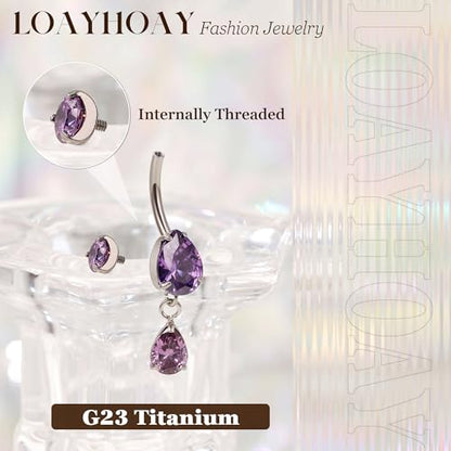 14G G23 Pure Titanium Dangle Belly Button Ring for Women Dangling CZ Navel Ring Teardrop Curved Barbell Belly Rings Internally Threaded Belly Piercing Jewelry - color: Purple