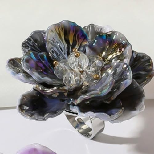 Dtja Large Blossom Flower Statement Ring for Women Silver Plated Colorful Resin Daisy Cherry Floral Adjustable Open Wrap Finger Rings Elegant Wedding Theme Party Jewelry - color: Black Grey