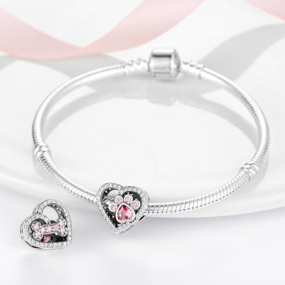 S925 Sterling Silver Cute Bead Charm for Pandora Bracelets and Necklaces | Lucky Clover Cute Animal Pink Bow Cherry Butterfly Pendant Bead Charms Jewelry Making Gifts for Women Valentines Mother's Day - style: Paw Print Heart Bead Charm