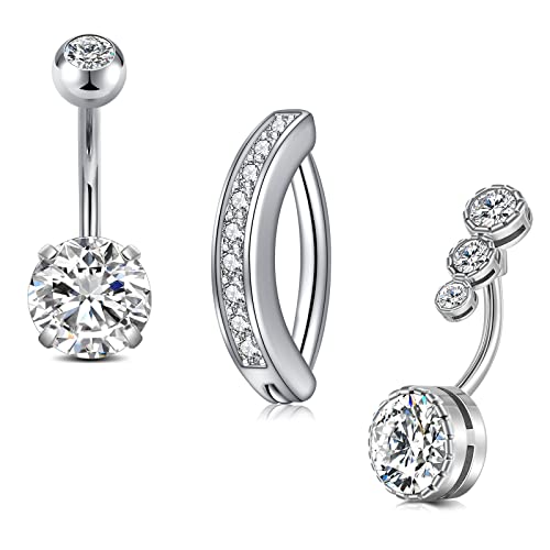 Silver Gold Belly Button Ring for Women Clicker Hoop Belly Rings Opal Navel Piercing Jewelry Dangle Hypoallergenic Surgical Steel Dainty Dangling Navel Rings for Women - color: B1-3p-Silver