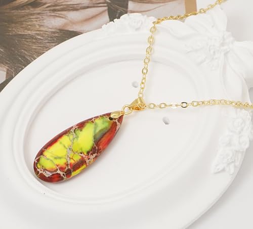 Stone Necklaces for Women Teardrop Gemstone Pendant Necklace Natural Stone Chain Necklaces - color: Red Green
