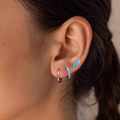 3 Pairs Mini Hoop Earrings Set Turquoise Cubic Zirconia Huggie Hoop Cartilage Earring Ear Cuff for Women (Turquoise/CZ) - color: *Turquoise-G