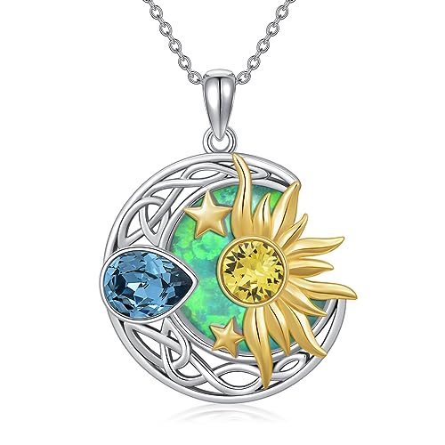 AOBOCO 925 Sterling Silver Moon Sun Star Necklace Celtic Jewelry for Women Girls - color: Silver&Gold&Light Green
