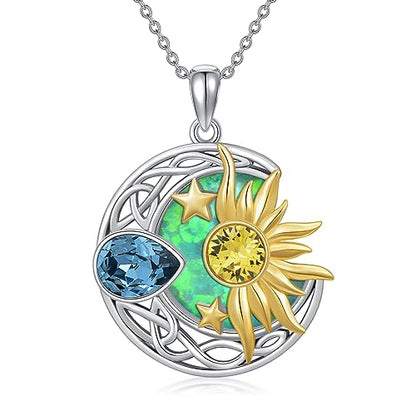 AOBOCO 925 Sterling Silver Moon Sun Star Necklace Celtic Jewelry for Women Girls - color: Silver&Gold&Light Green