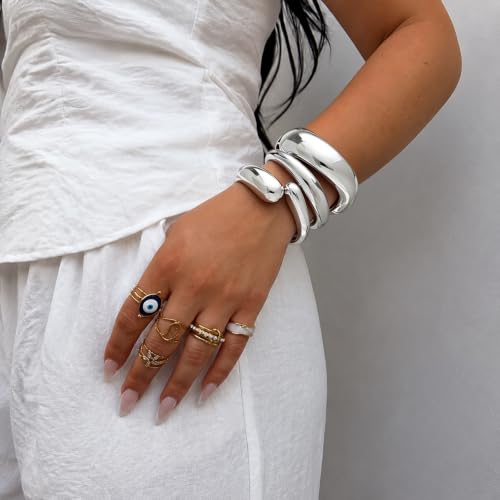 Chunky Gold Bangle Bracelets for Women Trendy 14K Gold Plated Cuff Bracelets Stack, Dainty Gold Bracelet Sets Non Tarnish Fashion Jewelry Gift - style: Silver-3pc-009