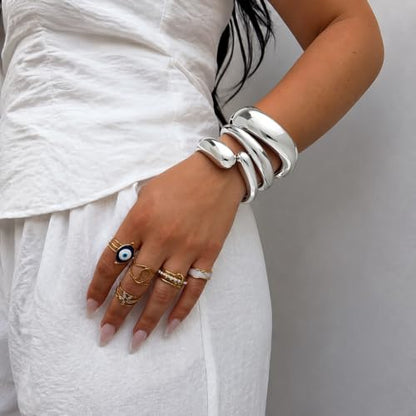Chunky Gold Bangle Bracelets for Women Trendy 14K Gold Plated Cuff Bracelets Stack, Dainty Gold Bracelet Sets Non Tarnish Fashion Jewelry Gift - style: Silver-3pc-009