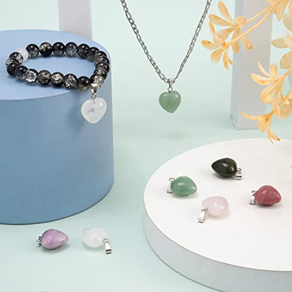 10Pcs Heart Stone Charm Pendants Natural & Synthetic Gemstone Pendants with Platinum Brass Loops for DIY Necklace Keychains Earring Crafts Supplies - color: Natural & Synthetic Gemstone