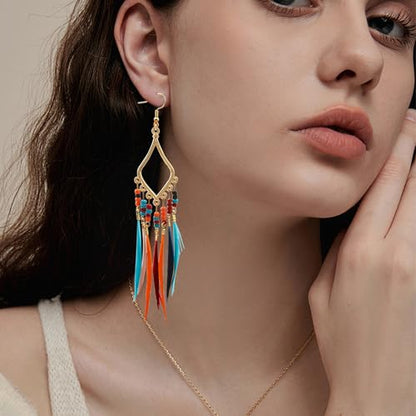 3 Pairs Bohemian Long Feather Tassel Earrings, Handmade Multicolor Seed Beads Fringe Dangle Drop Earrings Retro Statement Jewelry Gifts for Women