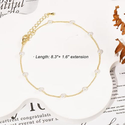 Ankle Bracelets for Women 14K Gold Plated Anklet Silver Anklets Waterproof Evil Eye Beaded Pearl Tennis Crystal Heart Cuba Link Chain Anklets Dainty Jewelry Gift for Her - color: Pearl-Gold