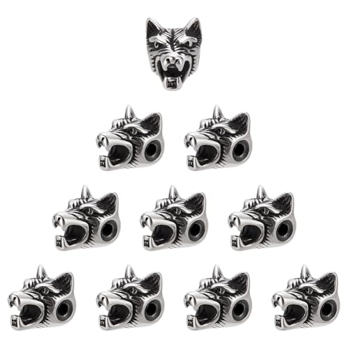 PH PandaHall Wolf Loose Beads 2mm Hole Stainless Steel Tibetan 14mm Antique Silver Spacer Beads Metal Animal Head European for Necklace Bracelet DIY Making - color: Antique Silver-1, size: 14x11x11mm