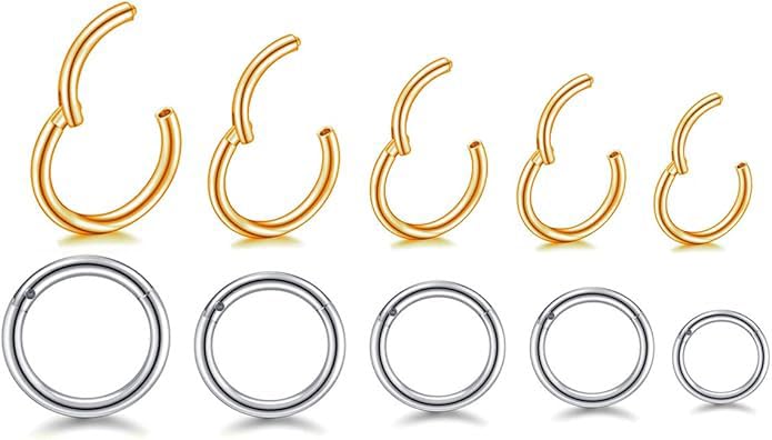 HQLA 16G Surgical Steel Hinged Clicker Segment Nose Rings Hoop Helix Cartilage Daith Tragus Sleeper Earrings Body Piercing for women 6mm 8mm 10mm 12mm 14mm - style: 16G - Steel & Gold - (6/7/8/9/10mm) - 10Pcs)