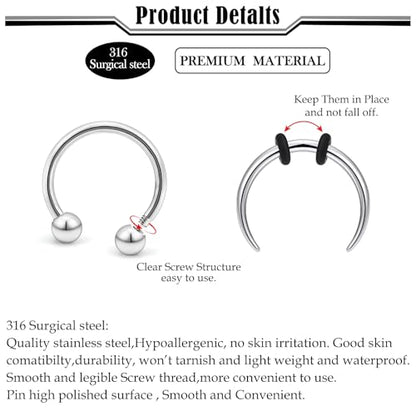 Septum Rings 16G 14G 12G 10G 8G 6G 4G 2G Surgical Steel Septum Stretching Kit Septum Pincher Tapers Gauge Kit Nose Ring Hoop Horseshoe Helix Tragus Daith Rook Piercing Jewelry for Women Men - style: 14G(1.6mm)-Inner Dia:10mm