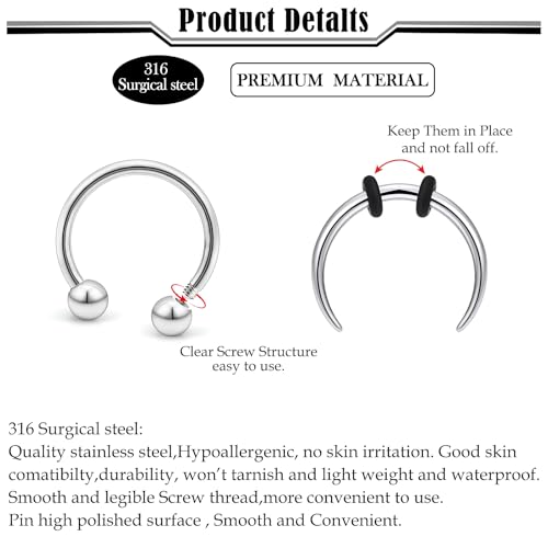 Septum Rings 16G 14G 12G 10G 8G 6G 4G 2G Surgical Steel Septum Stretching Kit Septum Pincher Tapers Gauge Kit Nose Ring Hoop Horseshoe Helix Tragus Daith Rook Piercing Jewelry for Women Men - style: 12G(2.0mm)-Inner Dia:12mm