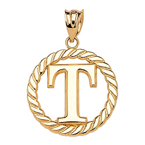Polished 10k Yellow Gold Personalized Initial "A-Z" Roped Circle Charm Pendant - style: "T"