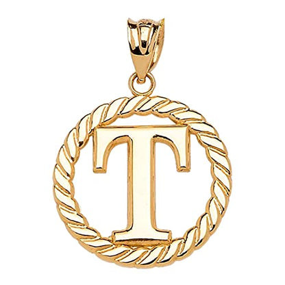 Polished 10k Yellow Gold Personalized Initial "A-Z" Roped Circle Charm Pendant - style: "T"