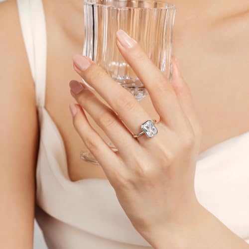 Radiant Cut Moissanite Engagement Ring for Women, Bezel Set Solitaire Ring | D Color VVS1 925 Sterling Silver 14K Gold Plated Wedding Ring, Available in 2CT 3CT 5CT, Diamond Alternative Promise Jewelry - style: 01 - White Gold - 2CT Radiant Moissanite
