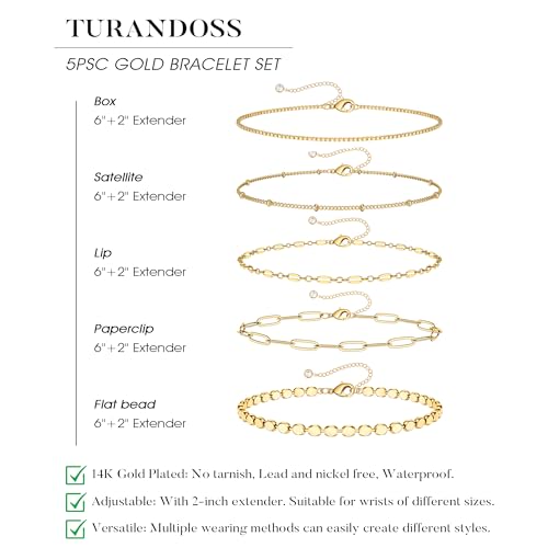 Gold Bracelet for Women, Waterproof Jewelry,5PCS | 14K Gold Plated Bracelets Stacks Non-Tarnish, Lightweight & Comfy, Trendy Adjustable Dainty Links, Women’s Jewelry Gift - color: 5 pcs-Box+Satellite+Lip+Paperclip+Flat bead