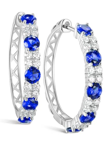 Women's Huggie Hoops with Birthstone 925 Sterling Silver Huggie Stud Hypoallergenic 14K Gold Plated Moissanite Earrings -Emerald Sapphire Ruby Hoop Earrings, Size 20 25mm - color: A -Sapphire Silver, size: 25mm (1 Inch)