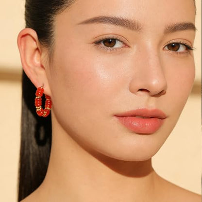 Wellike Beaded Hoop Earrings for Women Natural Stone Pink Gold Huggie Earrings Hypoallergenic Dainty Waterproof Trendy Jewelry - color: Red, size: 30mm