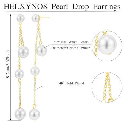 Long Chain Pearl Dangle Earrings for Women | 4Pcs Pearls, 14K Gold Plated, Dainty Tassel Drop, Lightweight Pearl Dangly Earring, Wedding Jewelry Gifts - color: Gold-Round