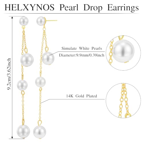 Long Chain Pearl Dangle Earrings for Women | 4Pcs Pearls, 14K Gold Plated, Dainty Tassel Drop, Lightweight Pearl Dangly Earring, Wedding Jewelry Gifts - color: Gold-Round