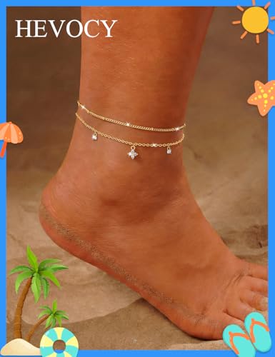 Gold Anklet Set for Women, Layered Beach Anklets | Layered gold-tone ankle bracelets, designed for beach days, vacations, and summer wear - style: Gold Anklet 3
