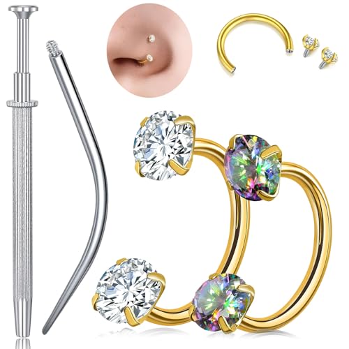 G23 Titanium Horseshoe Nose Ring 20G, 2 Pcs Double Gem Nose Ring for Women, 6mm 7mm 8mm Hypoallergenic Horseshoe Nose Rings Helix Tragus Earring Hoops Labret Lip Piercing Jewelry Small Septum Rings - color: 20G-6mm+7mm-2 Pcs Gold-White & Rainbow CZ