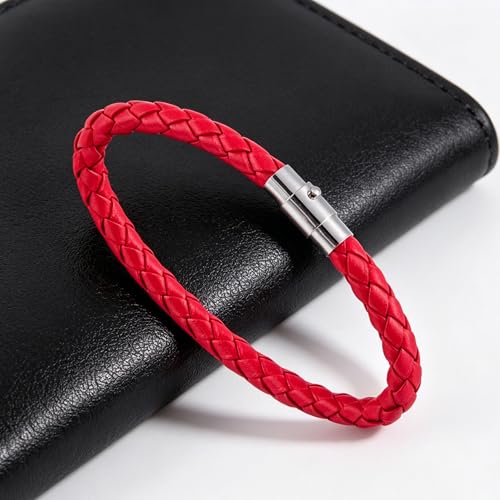 Faux Leather Braided Rope Bracelet, Cylindrical Plug In Clasp Solid Red Thread Hand Chain Unisex Casual Wristband - color: Red