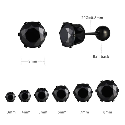 VOLUKA Cubic Zirconia Stainless Steel Screw Flat Back Earring - Hypoallergenic Stud Earrings for Women & Men - 316L Titanium CZ Stud Earrings for Nickel-Free, Trendy & Elegant - color: 6 Pairs- 3-8mm Ball Back -Black